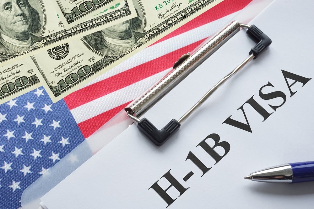 H-1B Visa application in front of a US flag and dollar bills